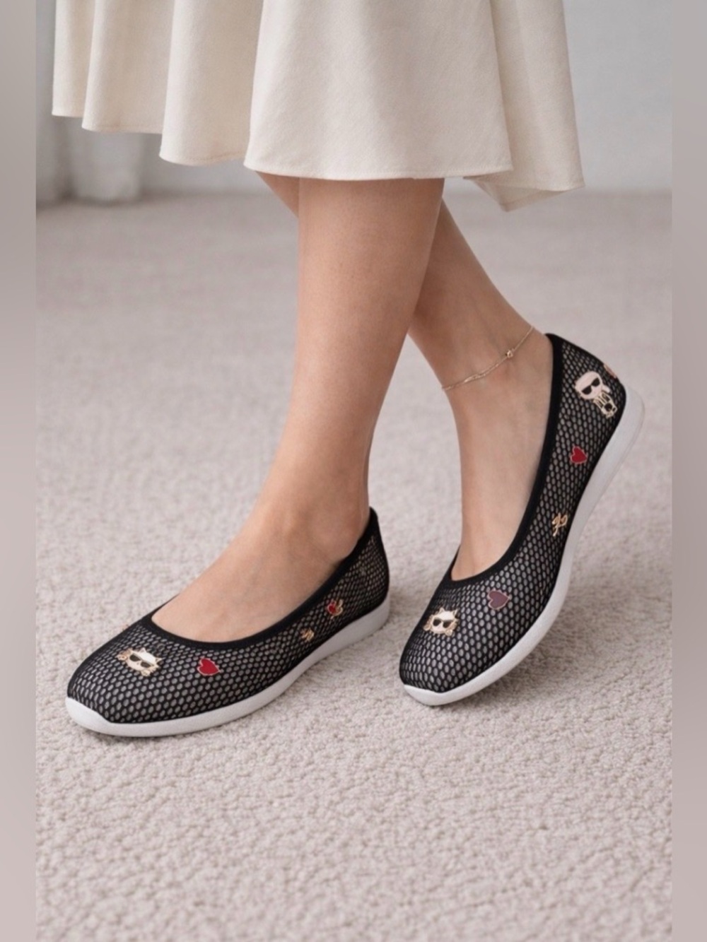 🔥 KARL LAGERFELD PARIS Maleia Mesh Ballet Flats Black White Choupette Charms. - Picture 6 of 8